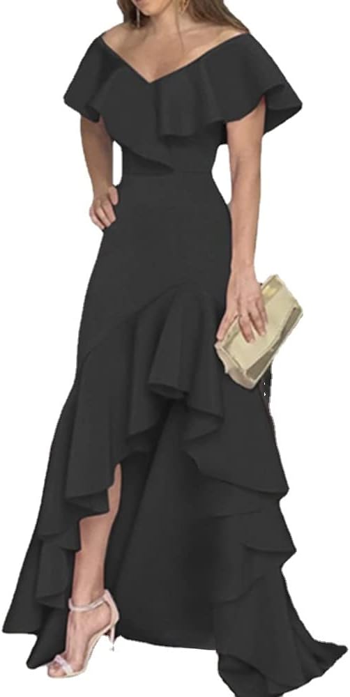 Vagbalena Women's Elegant Strapless Prom Dress V Neck Long High Low Irregular Tiered Ruffle Elegant Dress 2023 Puff Sleeve Formal Dress