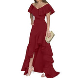 Vagbalena Women's Elegant Strapless Prom Dress V Neck Long High Low Irregular Tiered Ruffle Elegant Dress 2023 Puff Sleeve Formal Dress