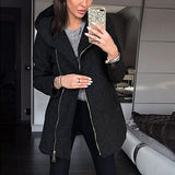 Women Time Fashion Side Zipper Plush Loose Coat Hooded Jacket Sweater