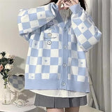 Kawaii Women's Cardigan Cute JK Varsity Jacket Women's Long Sleeve Cardigan Knit Sweater Cartoon Print Checkerboard Cardigan