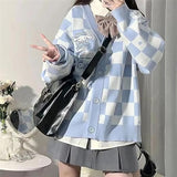 Kawaii Women's Cardigan Cute JK Varsity Jacket Women's Long Sleeve Cardigan Knit Sweater Cartoon Print Checkerboard Cardigan