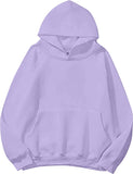 Lauweion Women Solid Basic Fleece Letter Loose Hoodie Sweatshirt Long Sleeve Kangaroo Pocket Drop Shoulder Pullovers Top