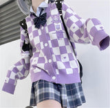 Kawaii Women's Cardigan Cute JK Varsity Jacket Women's Long Sleeve Cardigan Knit Sweater Cartoon Print Checkerboard Cardigan