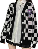 Kawaii Women's Cardigan Cute JK Varsity Jacket Women's Long Sleeve Cardigan Knit Sweater Cartoon Print Checkerboard Cardigan